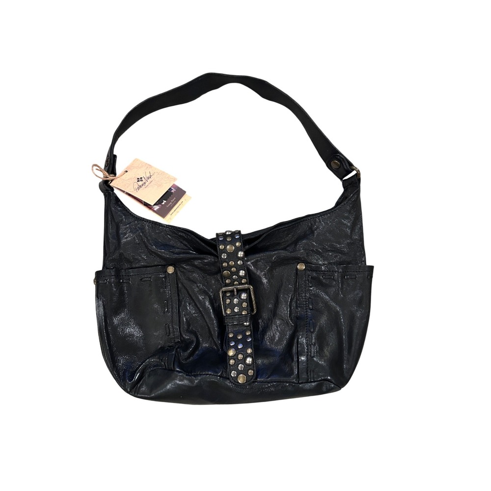 Patricia Nash NWT Black Leather Studded Hobo Shoulder Bag Buckle Grunge Moto